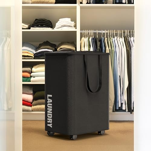 Simple Houseware Large 82L Laundry Basket with Wheels and Handles, Black | Collapsible Waterproof Hamper with Mesh Cover - color: Black