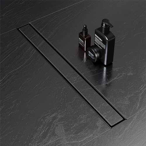 EXF Linear Shower Drain 28 Inch Matte Black with Tilebale Grate | 304 Stainless Steel, V-Slope Design, Debris Strainer, Seamless, Adjustable Height - color: Matte Black, size: 28 IN
