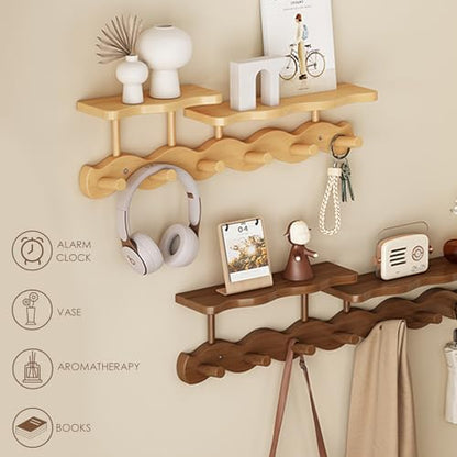Wall-Mounted Coat Rack with Shelf, Wooden Coat Hanger with 6 Sturdy Hooks, Drill-Mounted Design for Hanging Clothes, Hats, Towels, Bags, and Robes (Brown) - color: Brown
