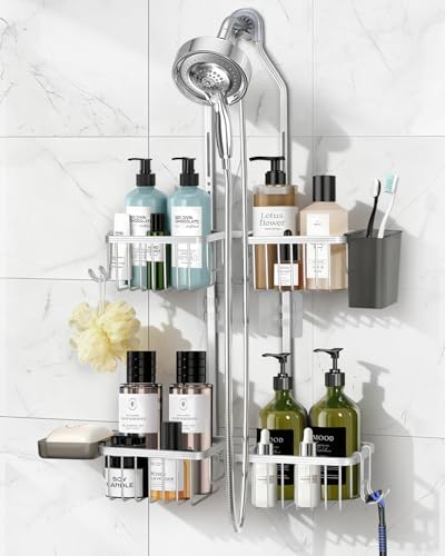 Adjustable Shower Caddy Hanging for Handheld Showerheads - Never Rust Shower Hanging Organizer, Upgraded Bathroom Shower Rack with Soap Basket, Hooks and Toothbrush Holder (Silver) - color: Silver
