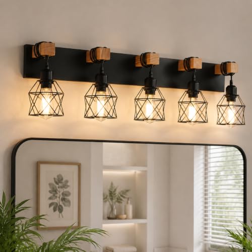 Farmhouse Vanity Light Fixture,5-Light Bathroom Lighting,Black Industrial Wood Wall Light Over Mirror with Metal Shade,LED Bulbs Not Included - color: Black, size: 5-Light-Wide 35"