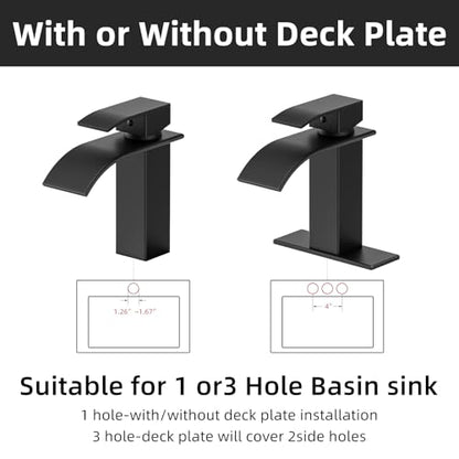 Waterfall Bathroom Faucet, Matte Black Stainless Steel, 1-Handle | Modern Bathroom Sink Faucet for RV & Outdoor Basins, Pop-Up Drain, Supply Lines, 6-in Deck Plate, 1- or 3-Hole, NSF Certified - color: Matte Black