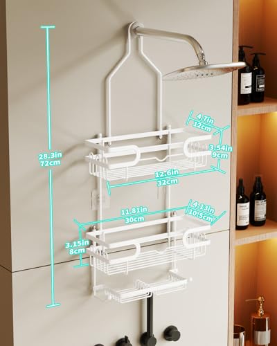 HapiRm Bathroom Hanging Shower Caddy - Rustproof Shower Shelf with 12 Hooks and 2 Soap Holders, No Drilling Bathroom Organizers and Storage - White - color: White(Large)
