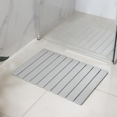 Meowoo Foldable Stone Bath Mat, 23.6"x15.3" Diatomaceous Earth Bath Mat, Non-Slip Quick Dry Bathroom Floor Mats, Super Absorbent, Easy to Clean, Stone Bathroom Floor Mats for Bathtub Front-Light Gray - color: Light Gray, size: 23.6"x15.3"