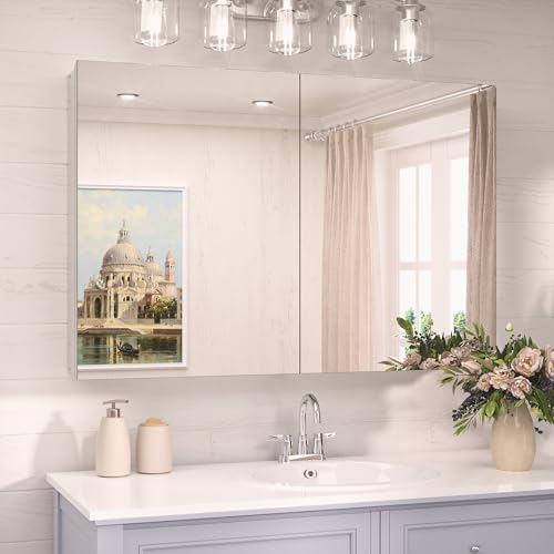 TokeShimi 36x24 Medicine Cabinet Mirror with Storage Tempered, Aluminum Surface Mount or Recessed Medicine Cabinet Silver with Adjustable Shelves for Bathroom Wall Cabinet Farmhouse - color: Silver, size: 36x24 in