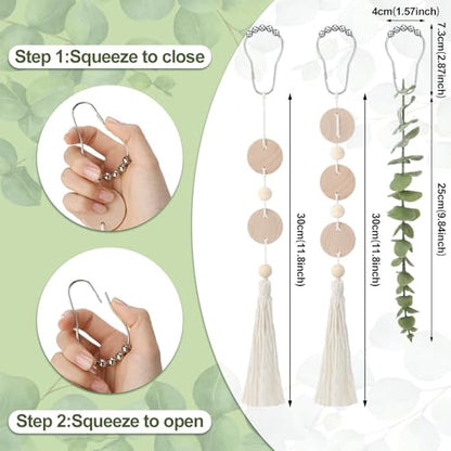 Set of 12 Boho Eucalyptus Shower Curtain Hooks Rings Rustic Farmhouse Decor Rustproof Metal Decorative Hanger Set for Home Bathroom Bedroom Baby Room Curtain Decor - style: Woodchip