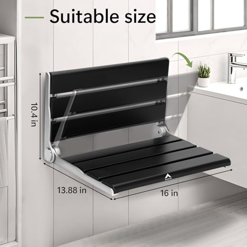 Wall Mounted Shower Seat - 16IN Teak Fold Down Shower Seat for Elderly, Disabled & Pregnant Women - Sturdy Shower Benches for Inside Shower with 400LB Capacity- 2026 Premium Black Shower Bench - color: Black