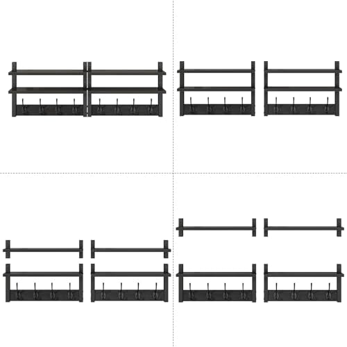 YMYNY Double Shelf Coat Rack Wall Mount with 8 Hooks, Black HWS009B-2 | Wooden Coat Hanger Key Holder Wall Mount for Coats Hats Keys - Wood Wall Mounted Coat Rack with Shelf for Entryway & Bathroom - color: Black
