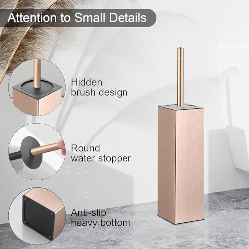 BGL Standing Toilet Brush and Holder Rose Gold Aluminium Toilet Bowl Cleaner Brush and Holder for Bathroom Storage and Organization, Square Design Sturdy and Space Saving - color: Rose Gold