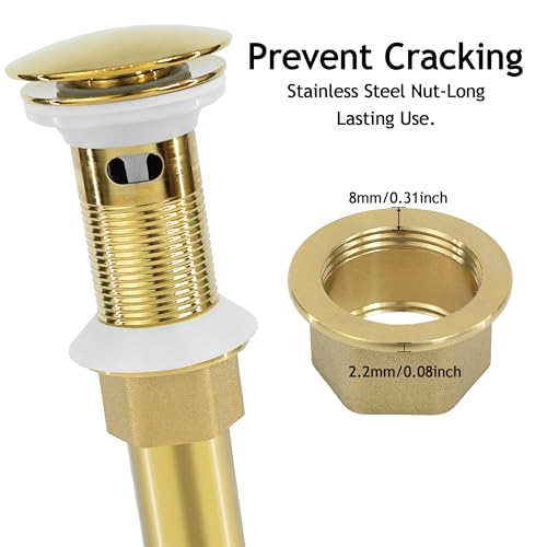 Bathroom Sink Drain, 4 Pack Gold Drain Stopper with Overflow,Pop Up Drain Assembly Without Detachable Strainer Basket,Built-in Anti-Clogging Strainer,Stainless Steel - color: 4 Pack-gold-big Cap, style: With Overflow