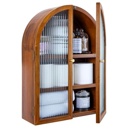MyGift Medicine Cabinet, Arched Wall Cabinet, Bathroom Medicine Wall Mounted Cupboard, Mid Century Style Floating Storage Cabinet with Glass Door, Natural Acacia Wood