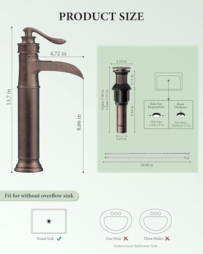 Vessel Sink Faucet Copper Tall Bathroom Faucets Waterfall Single Handle | 1 Hole Farmhouse Antique with Pop up Drain Assembly and Supply Lines Mixer Tap Without Overflow Counter Top by Homevacious - color: Copper