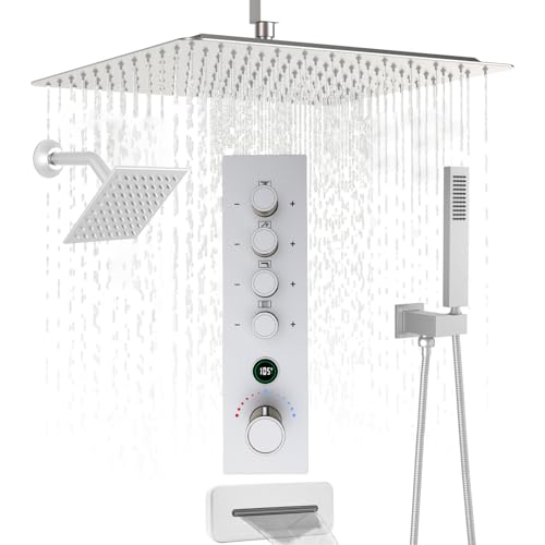 Thermostatic Digital Dual Rain Heads Tub Shower System Can Run Together | 4-Way Shower Faucts Set with Waterfall Spout, 12" Rainfall + 6" Tilted Shower and Brass Handheld, Brushed Nickel - color: Brushed Nickel, style: 12” + 6" + Spout