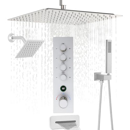Thermostatic Digital Dual Rain Heads Tub Shower System Can Run Together | 4-Way Shower Faucts Set with Waterfall Spout, 12" Rainfall + 6" Tilted Shower and Brass Handheld, Brushed Nickel - color: Brushed Nickel, style: 12” + 6" + Spout