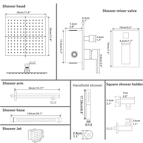 Hoimpro 12 Inch Rainfall Shower Faucet with 4 Full Body Shower Jet Fixtures Combo, Shower System Set with Rain Mixer Shower Head and Brass 2 in 1 Spray Handheld Showerhead, Wall Mounted, Matte Black - color: Black