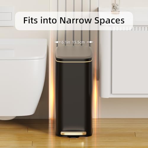 KSSKSS Small Bathroom Trash Can with Lid Soft Close, Step Pedal, 6L / 1.6 Gal Stainless Steel Garbage Bin with Removable Inner Bucket, Slim Wastebasket for Narrow Spaces (Black) - color: Black--P