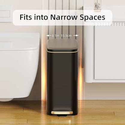 KSSKSS Small Bathroom Trash Can with Lid Soft Close, Step Pedal, 6L / 1.6 Gal Stainless Steel Garbage Bin with Removable Inner Bucket, Slim Wastebasket for Narrow Spaces (Black) - color: Black--P