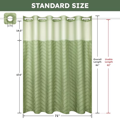 FADOTY Green No Hook Shower Curtain Set with Snap in Liner, 71'' x 86'' | Bathroom Hotel Fabric Curtain, Waterproof Washable Liner, See Through Top Window, Ringless Chevron Tufted Cloth Curtain - color: Sage Green, size: 71"W x 86"L (Pack of 1)
