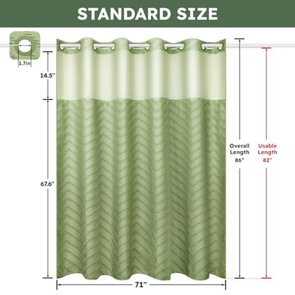 FADOTY Green No Hook Shower Curtain Set with Snap in Liner, 71'' x 86'' | Bathroom Hotel Fabric Curtain, Waterproof Washable Liner, See Through Top Window, Ringless Chevron Tufted Cloth Curtain - color: Sage Green, size: 71"W x 86"L (Pack of 1)
