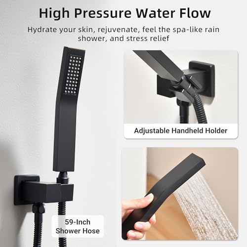 Dasan Matte Black Dual Shower Heads System with Ceiling 12-Inch Rainfall Shower & Wall Mount 6-Inch High Pressure Shower Head, Full Body Dual Shower Set with Handheld Sprayer, 3-Function Shower Faucet - color: Matte Black
