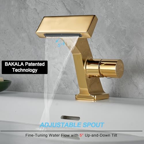BAKALA Gold Waterfall Bathroom Faucet, Single Hole Brass Sink Faucet for RV and Vanity, Includes 2 Supply Lines - color: Gold