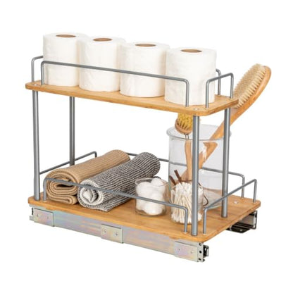 Steel and Bamboo 2-Tier Pull-Out Storage Organizer - Slide-Out Under-Sink Cabinet Drawer, 18” D x 11.5” W x 15.25” H, 33 lbs Weight Capacity, 1-Pack
