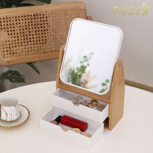 1x/5x Rectangle Magnifying Makeup Mirror, Jewelry and Cosmetics Storage Box | The Desktop Makeup Mirror Features Two Storage Compartments,360°Rotating Mirror Surface, and a Natural Bamboo Base