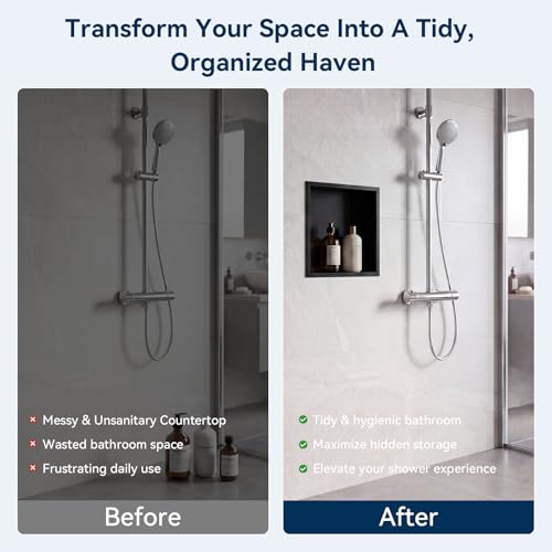 Shower Niche 12" x 12",Matte Black Stainless Steel Shower Niche | No Tile Needed Over Mount, Built-in Bathroom Storage Shelf, Single Tier, Rustproof Stainless Steel, Easy Install - color: Black, size: 12" x 12"