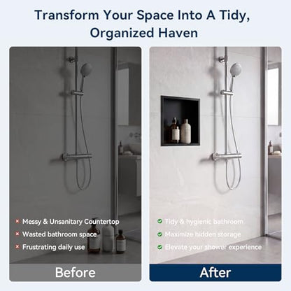 Shower Niche 12" x 12",Matte Black Stainless Steel Shower Niche | No Tile Needed Over Mount, Built-in Bathroom Storage Shelf, Single Tier, Rustproof Stainless Steel, Easy Install - color: Black, size: 12" x 12"