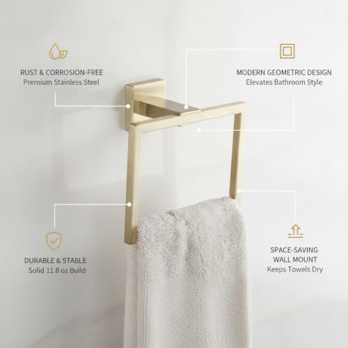 Homeowners Square Towel Ring, Stainless Steel Wall Mount Hand Towel Holder for Bathroom Vanity - color: Gold