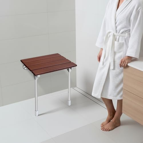 Wall Mounted Folding Shower Chair Heavy Duty Bath Seat Bathroom Safety Stool Space Saving Fold Down Shower Bench Wooden Stainless Steel Support 352lbs Anti Slip Bathroom Seat For Elderly Disabled 14.9