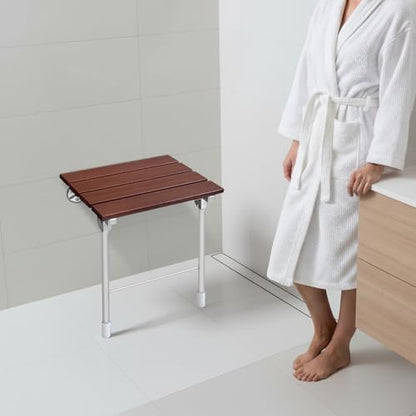 Wall Mounted Folding Shower Chair Heavy Duty Bath Seat Bathroom Safety Stool Space Saving Fold Down Shower Bench Wooden Stainless Steel Support 352lbs Anti Slip Bathroom Seat For Elderly Disabled 14.9