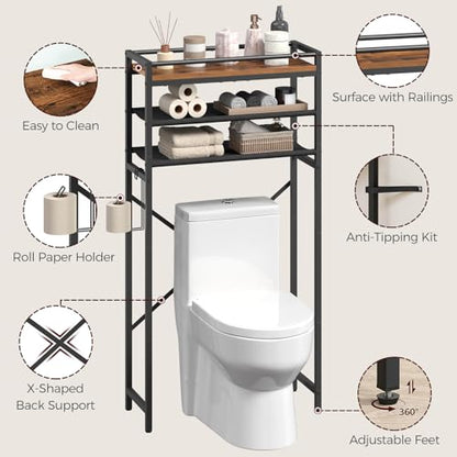 MAHANCRIS Over Toilet Storage, 3-Tier Bathroom Organizer Shelf with Toilet Paper Holder, Freestanding Space Saver Bathroom Shelves Above Toilet for Bathroom, Laundry Room, Rustic Brown TSHR1201 - color: Rustic Brown