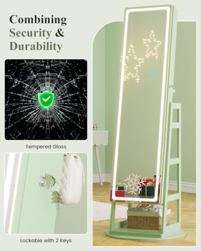 Standing Jewelry Cabinet Mirror with Adjustable LED Light Green | 63" Lockable Jewelry Armoire Organizer with 4 Rear Shelves & Hooks, 360° Swivel, for Bedroom, Living Room, Women Girls Gift - color: Green