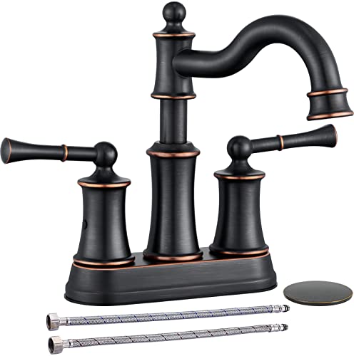 Roman Bathroom Sink Faucet Deck Mount or Wall Mount Installation Pop-up Drain Assembly with Overflow Deck Plate and Water Supply Lines Included (2 Hole Deck Mount, ORB) - color: ORB, style: 2 Hole Deck Mount