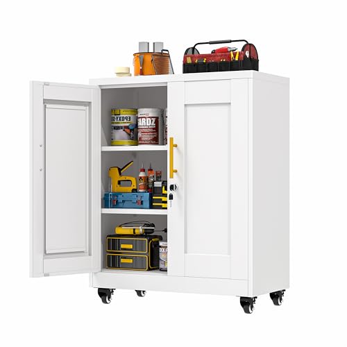 GAIOUS Metal Storage Cabinet with Lock and Wheels, Steel Tool Cabinet | with 2 Door and 2 Adjustable Shelves, 35” Tall Lockable File Cabinet, Garage Cabinet, Rolling Cabinet for Home Office - White - color: White, size: 13.8"D x 27.6"W x 35.4"H