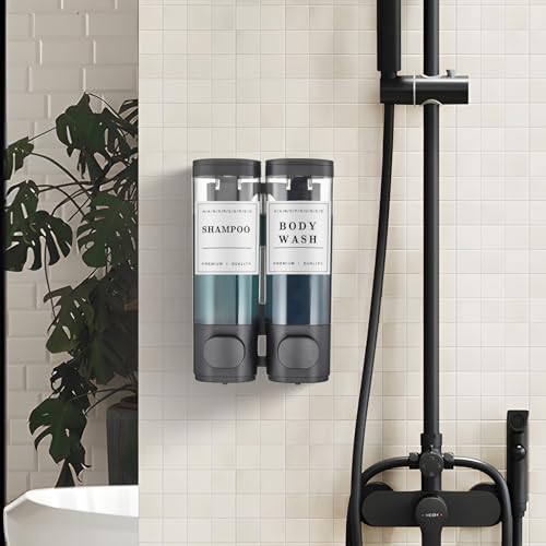 Shampoo and Conditioner Dispenser,Unisense Shower Soap Dispenser 2 Chamber No Drill Wall-Mounted Shampoo Dispenser for Shower Wall Mounted Shower Dispenser for Bathroom Hotel Large Capacity,Black - color: Black 2 Chamber