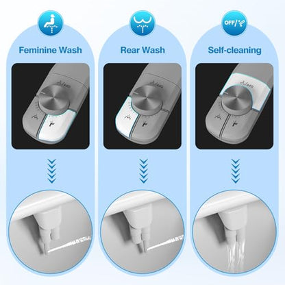 Non-Electric Bidet Attachment, Self-Clean Dual Nozzles, Adjustable Pressure | Ultra Slim Intuitive One-Touch, Retractable Nozzle Structure, Cold Water Rear & Feminine Washing Modes, Stainless Steel Iniet