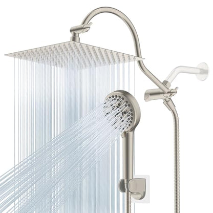 Hibbent 12'' All Metal CUPC Certified Shower Head, High Pressure Rainfall Shower Head, Handheld Showerhead Combo, 12'' Adjustable Extension Arm, 10-Spray, 71'' Hose, Showerhead Holder, Brushed Nickel - color: Brushed Nickel, style: Square 12''