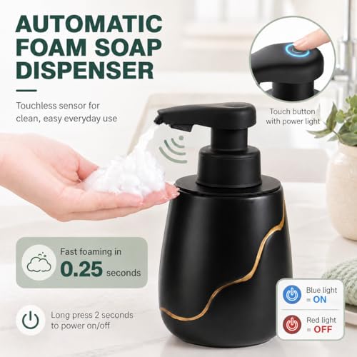 BosilunLife Rechargeable Auto Touchless Foam Soap Dispenser 17oz Ceramic | With Elegant Golden Curved Line.With Waterproof Pump,Touch-Free Sensing.17oz Dish Soap For Kitchen And Bathroom，Black - color: Black, style: Foam Pump
