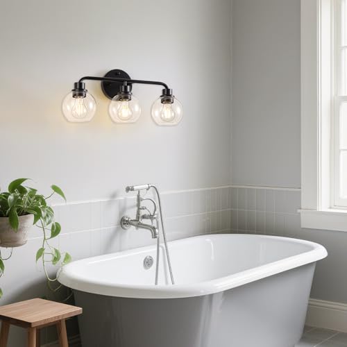 Bathroom Light Fixtures Black Vanity Light, 3 Light Modern Wall Sconces Lighting Bathroom Lights with Globe Clear Glass Shades, Bath Wall Lights Wall Lamp for Mirror Kitchen Living Room Hallway | Wall Sconces Lighting with Globe Clear Glass Shades, Bath W
