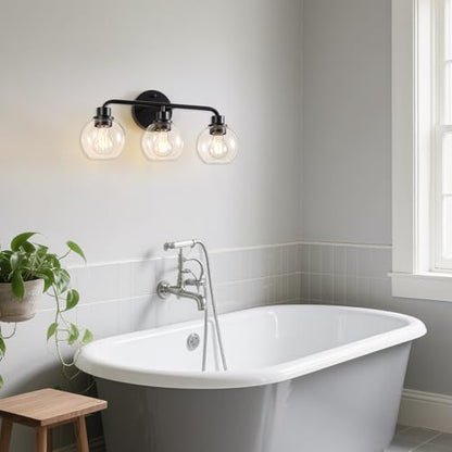 Bathroom Light Fixtures Black Vanity Light, 3 Light Modern Wall Sconces Lighting Bathroom Lights with Globe Clear Glass Shades, Bath Wall Lights Wall Lamp for Mirror Kitchen Living Room Hallway | Wall Sconces Lighting with Globe Clear Glass Shades, Bath W
