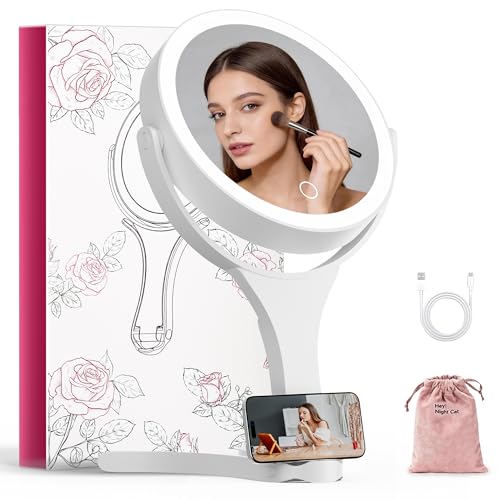 Hasipu Makeup Mirror with Lights 2000mAh Rechargeable Travel Mirror | 1X/10X Magnifying, Phone Stand Design, Rechargeable, 360° Rotatable, 3 Color Dimmable, Tabletop, Handhold, Hanging, White - color: White