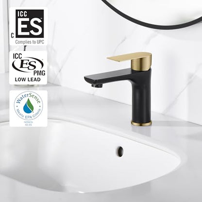 SUMERAIN Modern 304 Stainless Steel Bathroom Faucet Lead-Free Vanity Sink Faucet Black&Gold Single Handle Washbasin Faucet | Lead-Free, Single Handle, Unique Flow Pattern, Water-saving, Easy DIY Install - color: Black and Gold