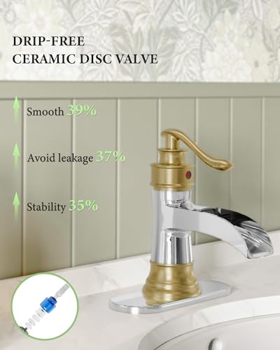 Bathroom Faucet Waterfall Sink Faucets Bathroom Widespread Single Handle | Chrome and Gold for 1 or 3 Holes Rustic Vanity Farmhouse with Pop-up Drain Deck Plate Hose by Homevacious - color: Chrome & Gold