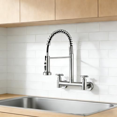 Wall Mount Faucet 8"" Center, Commercial Mixer Tap, Kitchen Sink Faucets | 304 Stainless Steel Constructed, High Arc Dual Handle, Rotatable - color: Style B, Dual Handle