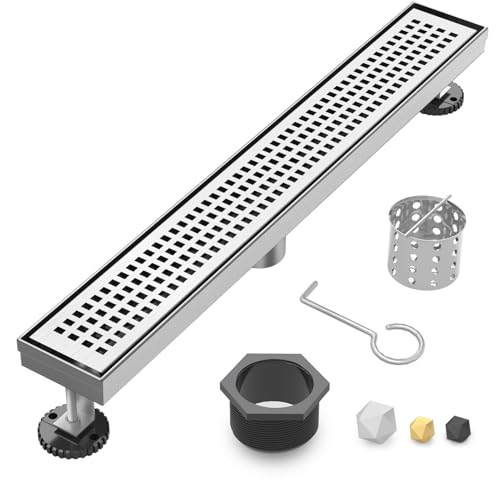 24 Inch Linear Shower Drain - Brushed Nickel, with Removable Grate | AISI 304 Stainless Steel Shower Drain, Long Rectangle Shower Floor Drain with Adjustable Feet, Fits Bathroom & Balcony etc - color: Brushed Nickel, size: 24 in