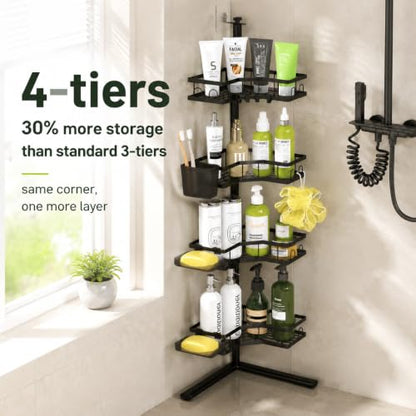 Standing Corner Shower Caddy - 4-Tier Rustproof Adjustable Shower Shelves | No Drill Floor Standing Shower Organizer, for Tall Shampoo, Conditioner, Fits Renters, Apartments, Bathtubs & Walk-in Showers