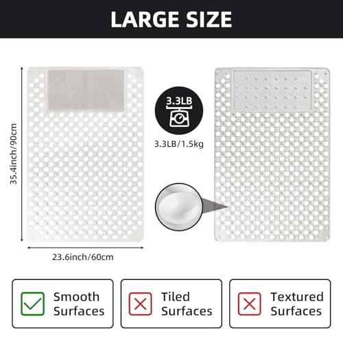 Shower Mat Non Slip: 35.4" x 23.6" Large PVC Heavy Shower Mats for Inside Shower - Quick Dry Shower Foot Scrubber Matt with Drain Hole and Suction Cups for Elderly - color: Creamy White