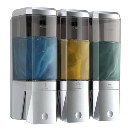 Shampoo and Conditioner Dispenser Wall Mounted No Drill, Shower Soap Dispenser 3 Chamber Shampoo Conditioner Body Wash Refillable 3 * 17oz Shower Soap Dispenser for Bathroom Hotel, Silver+Smoke Gray - color: Silver-smoke Gray-3